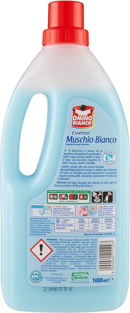 SET 4 OMINO BIANCO DETERSIVO BIVALENTE LIQUIDO LAVAGGIO A MANO E IN LAVATRICE ESSENZA MUSCHIO BIANCO 1000 ML