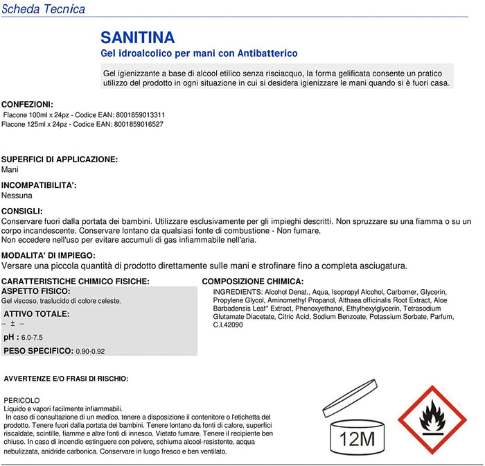2 PEZZI SANITINA GEL MANI IDROALCOLICO SENZA RISCIACQUO CON 60% ALCOOL 125ML