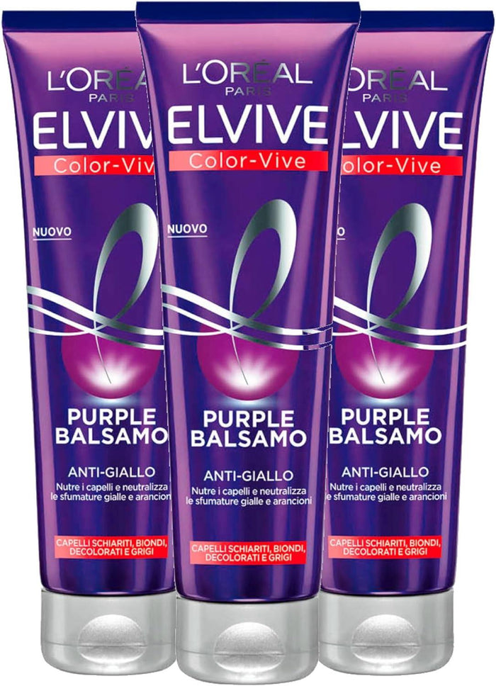 L'ORÉAL PARIS SET 3 COFESZIONI  BALSAMO ANTIGIALLO COLOR VIVE PURPLE, PER CAPELLI SCHIARITI BIONDI GRIGI 150 ML