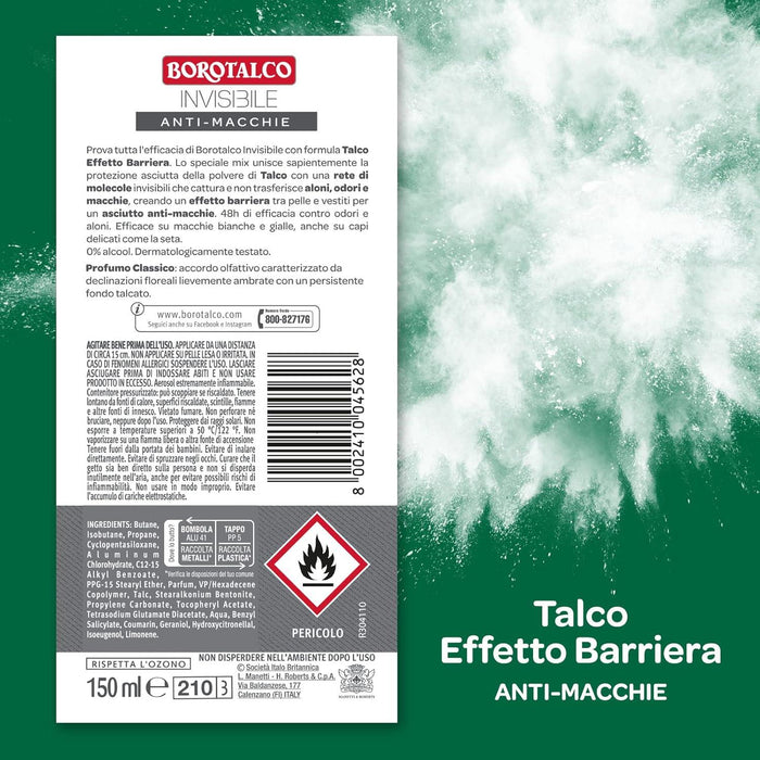 BOROTALCO SET 4 DEODORANTI SPRAY INVISIBILE GRIGIO NO ALCOOL CON TALCO 150 ML ANTIMACCHIE