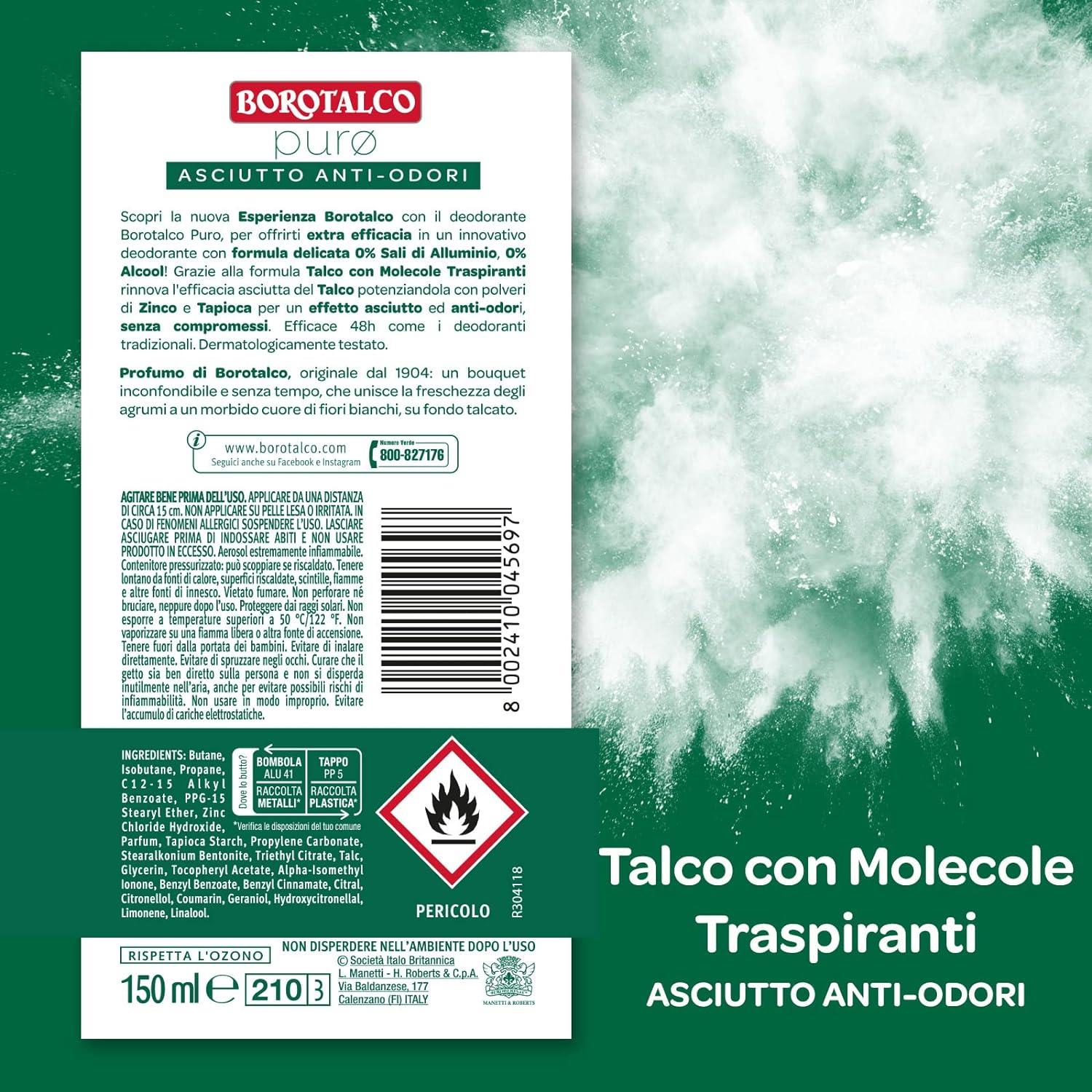 BOROTALCO SET 4 PZ DEO SPRAY 150 ML L'UNO NEW PURO 0 SALI 0 ALCOOL PROFUMO DI BOROTALCO