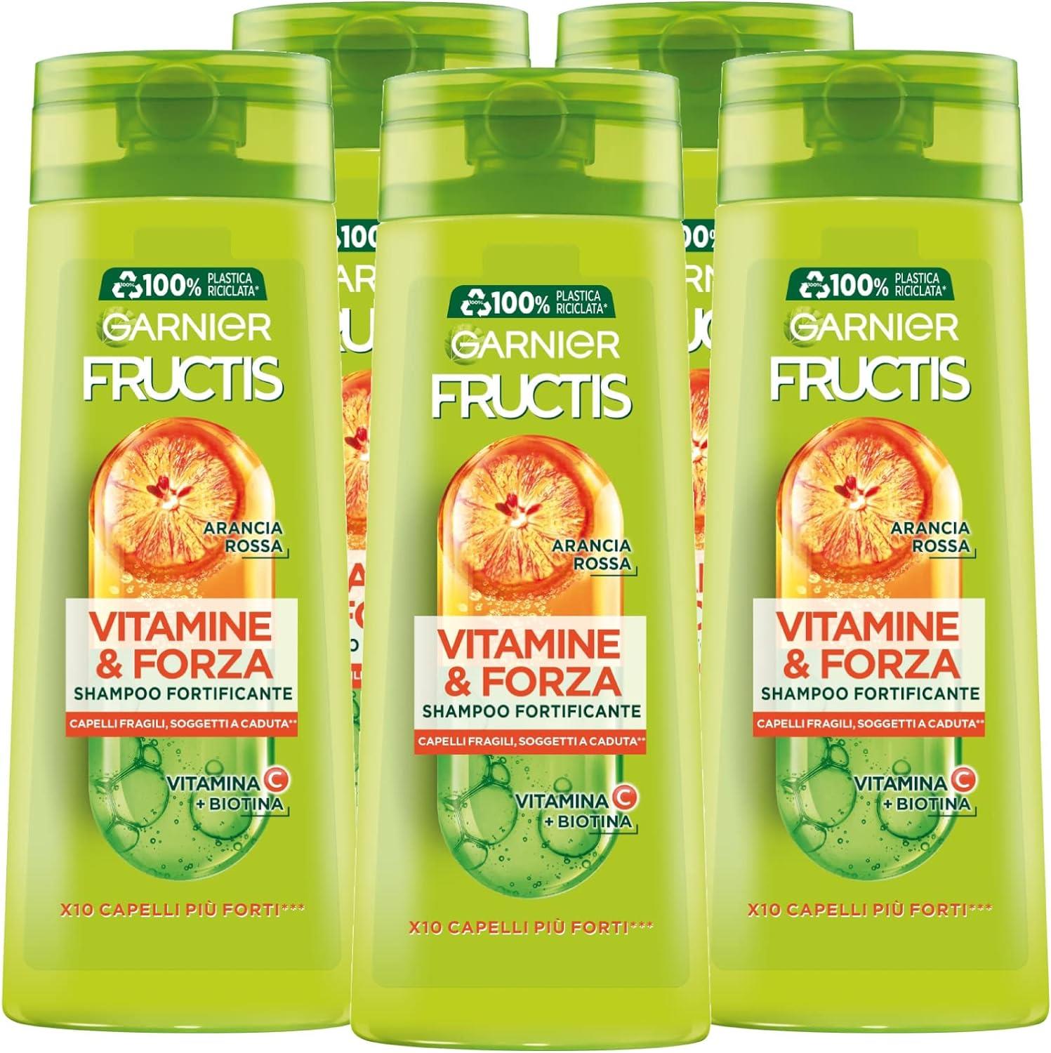 GARNIER FRUCTISSET 5 PZ SHAMPOO 250 ML L'UNO VITAMINE&FORZA X10 CAPELLI PIU FORTI VITAMINA C+ PIU BIOTINA