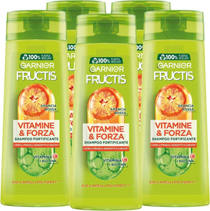 GARNIER FRUCTISSET 5 PZ SHAMPOO 250 ML L'UNO VITAMINE&FORZA X10 CAPELLI PIU FORTI VITAMINA C+ PIU BIOTINA