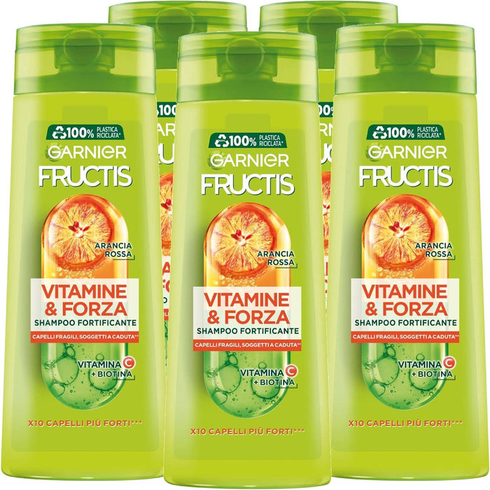 GARNIER FRUCTISSET 5 PZ SHAMPOO 250 ML L'UNO VITAMINE&FORZA X10 CAPELLI PIU FORTI VITAMINA C+ PIU BIOTINA