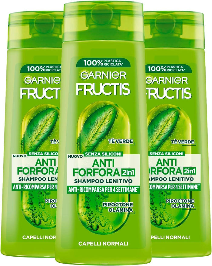 GARNIER FRUCTIS SET 3 PZ SHAMPOO 250 ML ANTI FORFORA PER 4 SETTIMANE 2IN1 LENITIVO CAPELLI NORMALI TE' VERDE