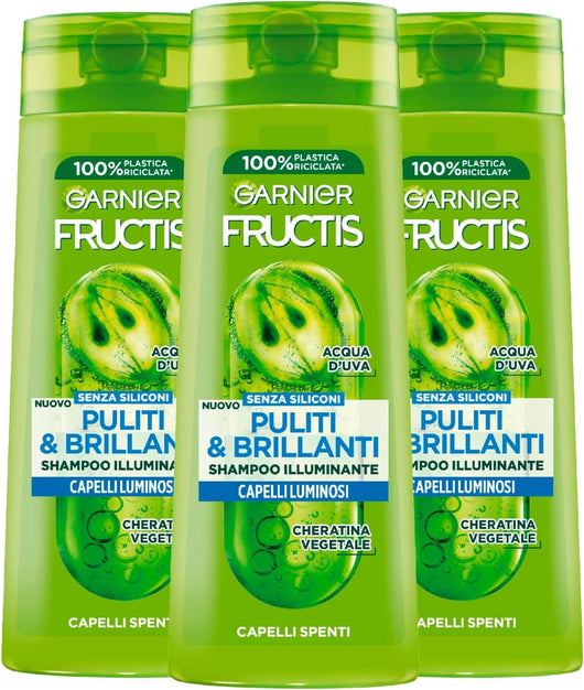GARNIER FRUCTIS SET 3 PZ SHAMPOO PULITI&BRILLANTI 250 ML L'UNO SENZA SILICONI PER CAPELLI LUMINOSI CON ACQUA D'UVA