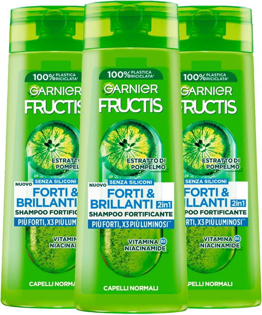 GARNIER FRUCTIS SET 3 PZ  SHAMPOO 2 IN 1 PIU FORTI X3 PIU LUMINOSI 250 ML L'UNO PER CAPELLI NORMALI ESTRATTO DI POMPELMO