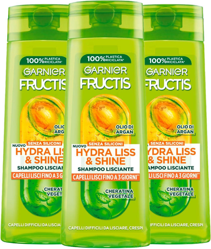 GARNIER FRUCTISSET 3 PZ SHAMPOO LISCIANTE 250 ML HYDRA LISS&SHINE CAPELLI LISCI FINO A 3 GIORNI CON OLIO DI ARGAN