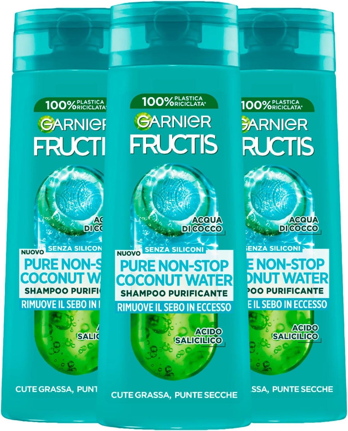 GARNIER FRUCTIS 3 PZ SHAMPOO 250 ML L'UNO PURE NON-STOP COCONUT WATER RIMUOVE IL SEBO IN ECCESSO