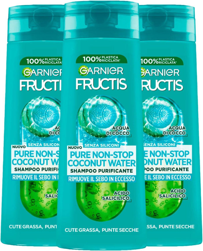 GARNIER FRUCTIS 3 PZ SHAMPOO 250 ML L'UNO PURE NON-STOP COCONUT WATER RIMUOVE IL SEBO IN ECCESSO