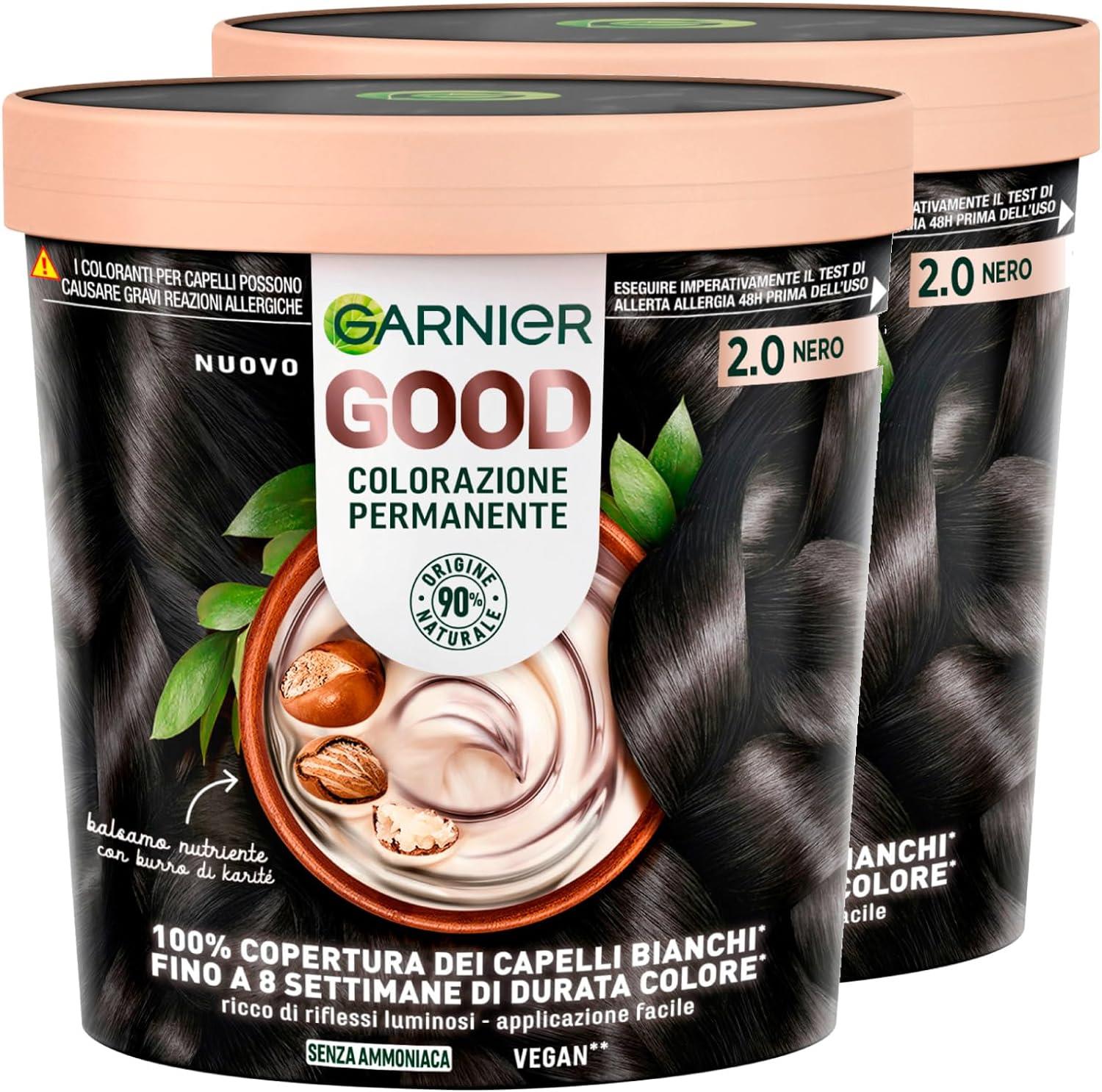 SET 2 GARNIER GOOD TINTA CAPELLI 2.0 NERO COLORAZIONE PERMANENTE SENZA AMMONIACA 90% NATURALE