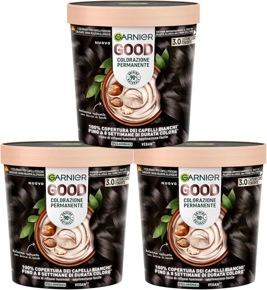 SET 3 GARNIER GOOD TINTA CAPELLI 3.0 CASTANO CIOCCOLATO FONDENTE COLORAZIONE PERMANENTE SENZA AMMONIACA 90% NATURALE