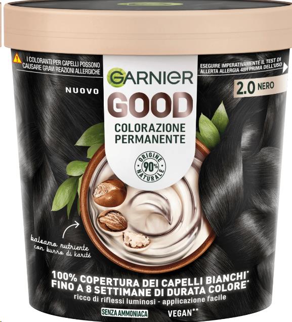 SET 2 GARNIER GOOD TINTA CAPELLI 2.0 NERO COLORAZIONE PERMANENTE SENZA AMMONIACA 90% NATURALE