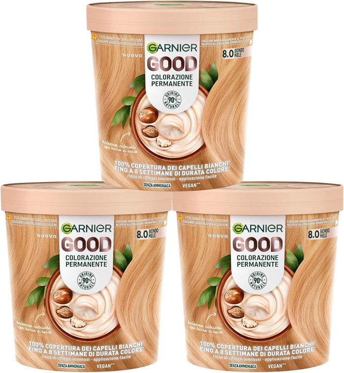 SET 3 GARNIER GOOD TINTA CAPELLI 8.0 BIONDO MIELE COLORAZIONE PERMANENTE SENZA AMMONIACA 90% NATURALE
