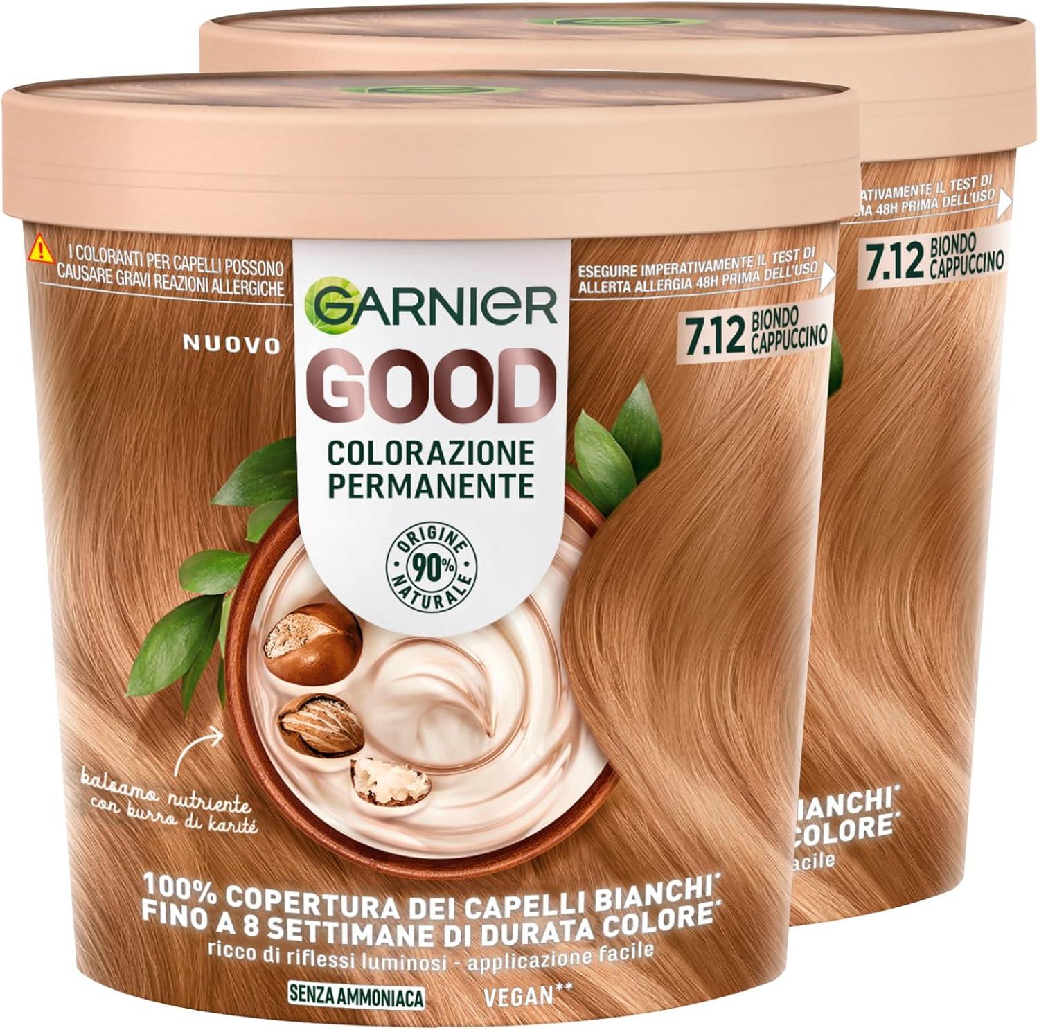 SET 2 GARNIER GOOD TINTA CAPELLI 7.12 BIONDO CAPPUCCINO COLORAZIONE PERMANENTE SENZA AMMONIACA 90% NATURALE