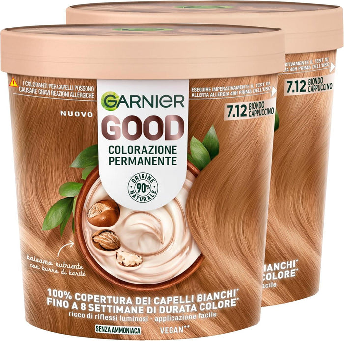 SET 2 GARNIER GOOD TINTA CAPELLI 7.12 BIONDO CAPPUCCINO COLORAZIONE PERMANENTE SENZA AMMONIACA 90% NATURALE