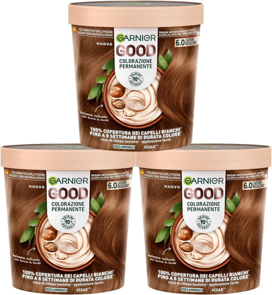 SET 3 GARNIER GOOD TINTA CAPELLI 6.0 CASTANO MOCACCINO COLORAZIONE PERMANENTE SENZA AMMONIACA 90% NATURALE