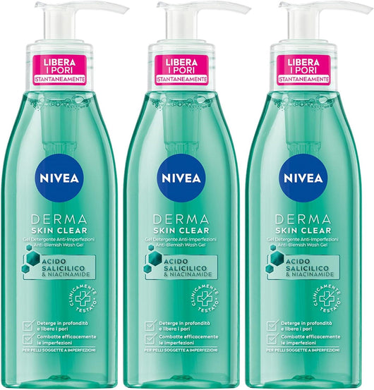 NIVEA DERMA SKIN CLEAR SET 3 PZ GEL VISO ANTI-IMPERFEZIONI 150 ML L'UNA PELLE GRASSA E MISTA SCHIUMOGENO VISO PURIFICANTE