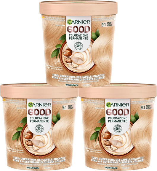 SET 3 GARNIER GOOD TINTA CAPELLI 9.1 BIONDO VANIGLIA COLORAZIONE PERMANENTE SENZA AMMONIACA 90% NATURALE