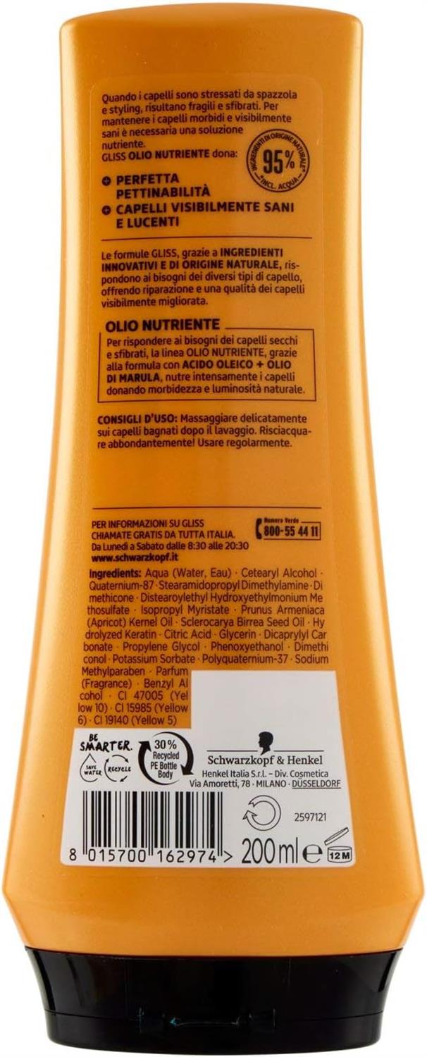 SET 4 SCHWARZKOPF GLISS OLIO BALSAMO NUTRIENTE 200 ML PER CAPELLI FRAGILI E SFIBRATI