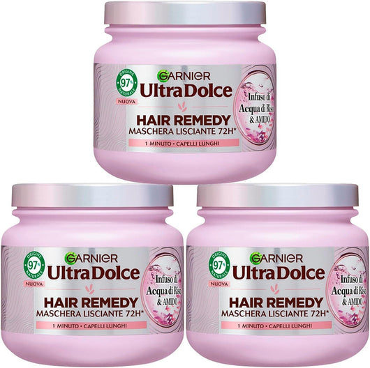 GARNIER ULTRA DOLCE 3 MASCHERE LISCIANTI PER CAPELLI LUNGHI EFFETTO ILLUMINANTE 1 MINUTO DI POSA CON  ACQUA DI RISO 340 ML