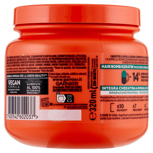 GARNIER FRUCTIS 2 CONFEIZIONI MASCHERA RIMPOLPANTE X CAPELLI DANNEGGIATI RIPARA  CON OLIO DI MARULA E CHERATINA, 320 ML L'UNA