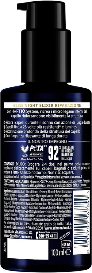 SCHWARZKOPF GLISS NIGHT ELIXIR SIERO RIPARAZIONE NOTTURNA 100 ML CON HAPTIQ SYSTEM ED ESTRATTO DI PERLA NERA