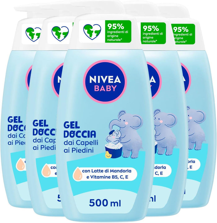 NIVEA SET 5 PZ GEL DOCCIA BABY 500 ML DAI CAPELLI AI PIEDINI