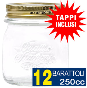 12 BARATTOLI 250CC QUATTRO STAGIONI BORMIOLI VASO PER CONSERVE CON 12 TAPPI INCLUSI