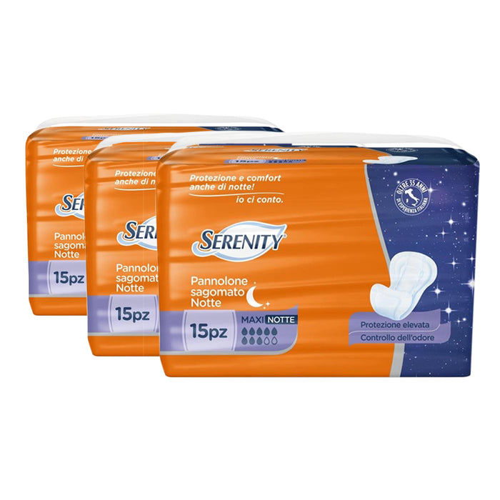 SET 3 CONFEZIONI DI SERENITY PANNOLONI SAGOMATI MAXI NOTTE DA 15 PEZZI
