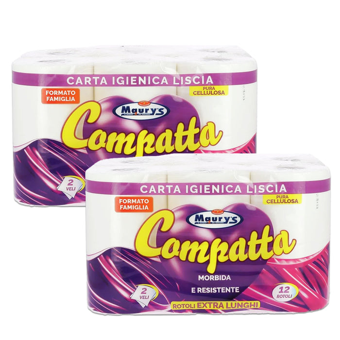 MAURY'S CARTA IGIENICA 24 ROTOLI 2 VELI COMPATTA ALTA QUALITÀ FORMATO FAMIGLIA