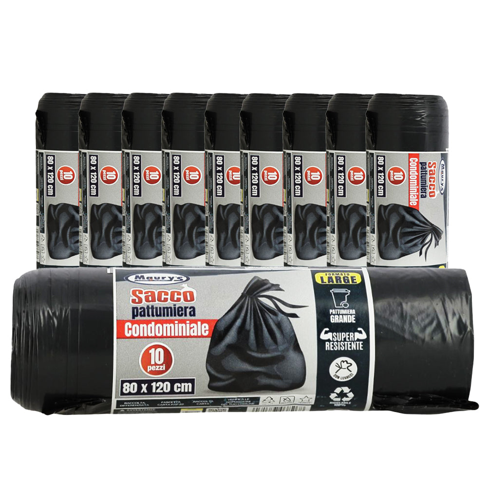 MAURY'S SACCHI PER PATTUMIERA 80X120 CM 10 CONFEZIONI DA 10 PEZZI IN COLORE NERO