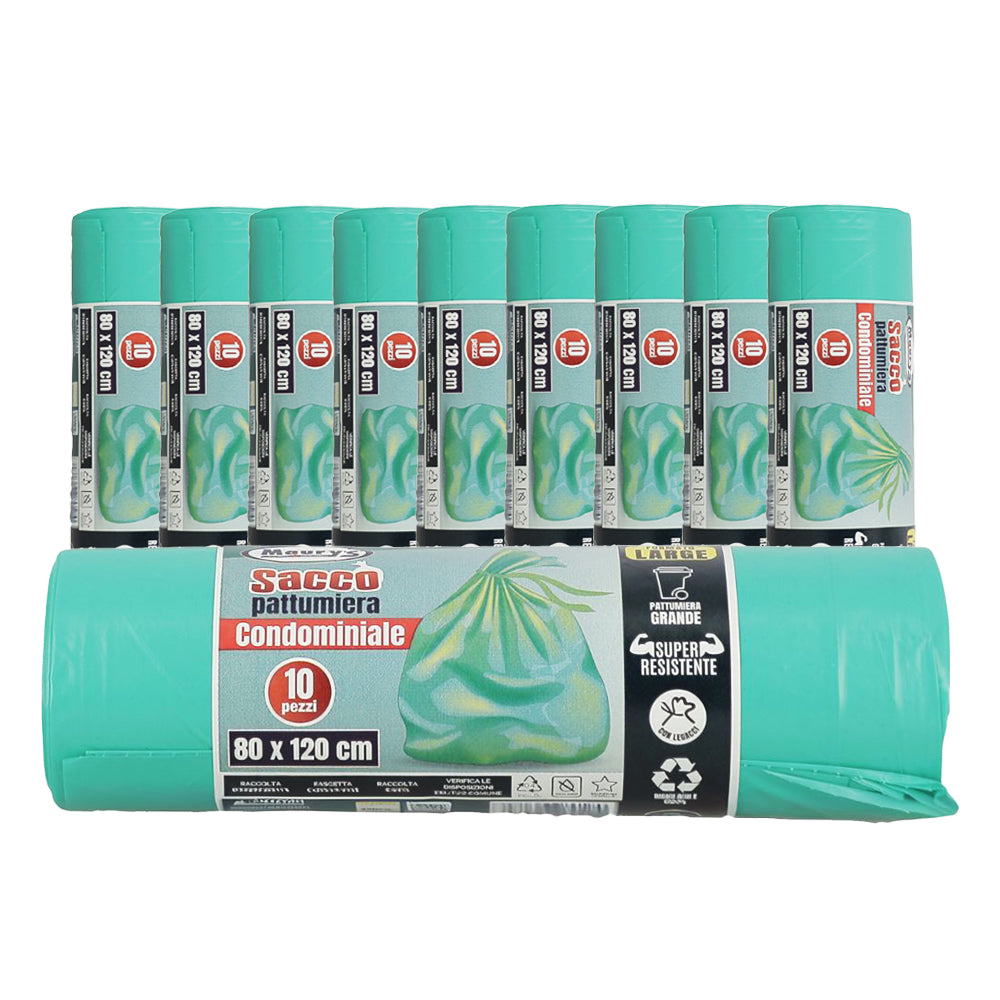 MAURY'S SACCHI PER PATTUMIERA 80X120 CM 10 CONFEZIONI DA 10 PEZZI IN COLORE VERDE