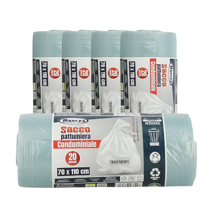 MAURY'S SACCHI PER PATTUMIERA 70X110 CM 5 CONFEZIONI DA 20 PEZZI IN COLORE TRASPARENTE