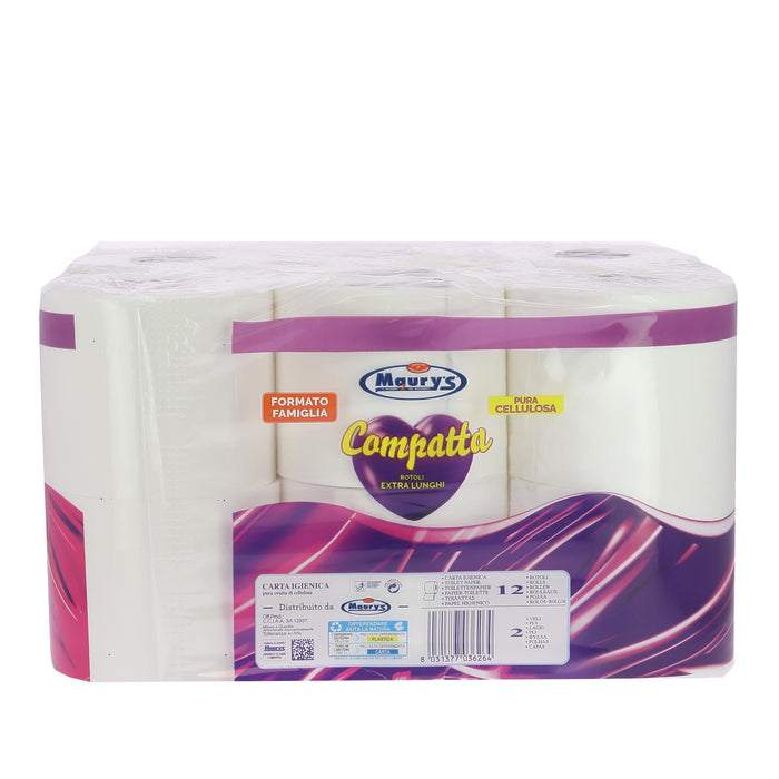 MAURY'S CARTA IGIENICA 24 ROTOLI 2 VELI COMPATTA ALTA QUALITÀ FORMATO FAMIGLIA