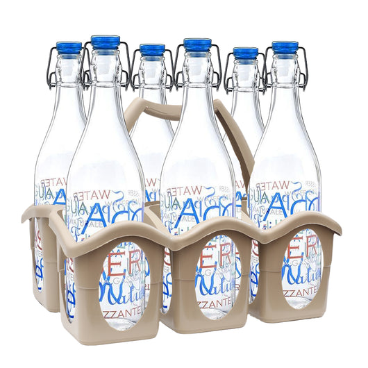 SET PORTA BOTTIGLIE COLORI ASSORTITI IN PLASTICA + 6 BOTTIGLIE IN VETRO DA 1 LT