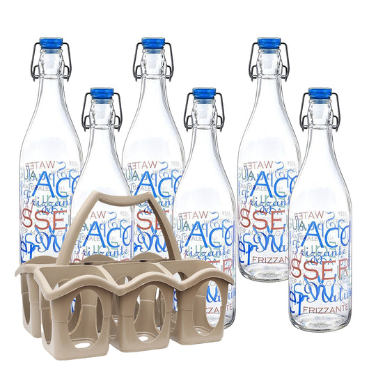 SET PORTA BOTTIGLIE COLORI ASSORTITI IN PLASTICA + 6 BOTTIGLIE IN VETRO DA 1 LT