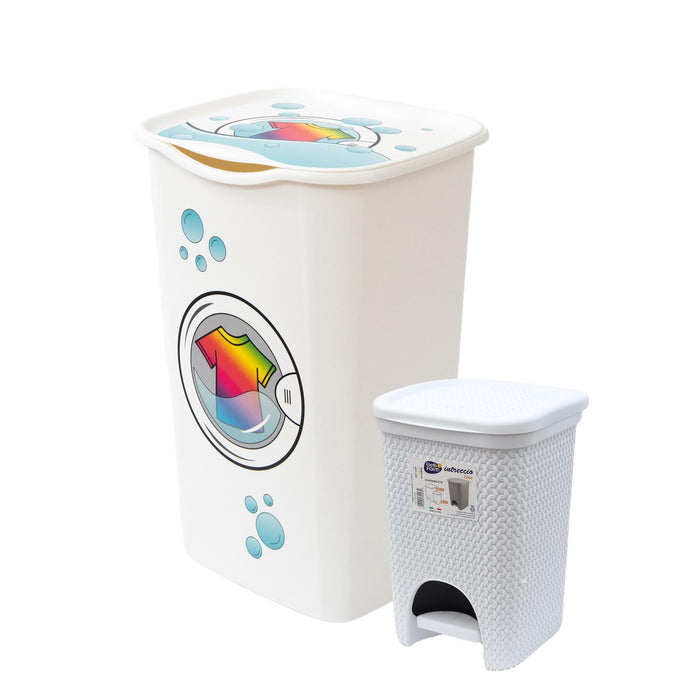 SET BIDONE RACCOLTA BIANCHERIA PER PANNI COLORATI + PATTUMIERA CON PEDALE BIANCA