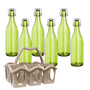 SET PORTA BOTTIGLIE IN PLASTICA + 6 BOTTIGLIE IN VETRO DA 1 LT