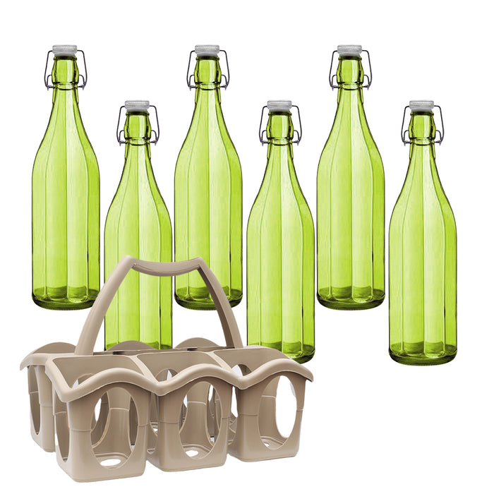 SET PORTA BOTTIGLIE IN PLASTICA + 6 BOTTIGLIE IN VETRO DA 1 LT