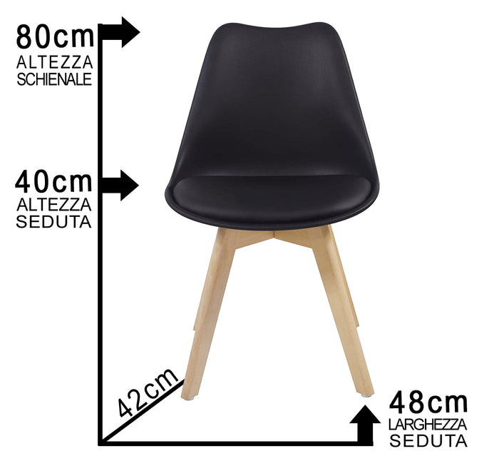 4 MAURY'S SEDIE NORDICA NERA STILE SCANDINAVO GAMBE IN LEGNO CON CUSCINO