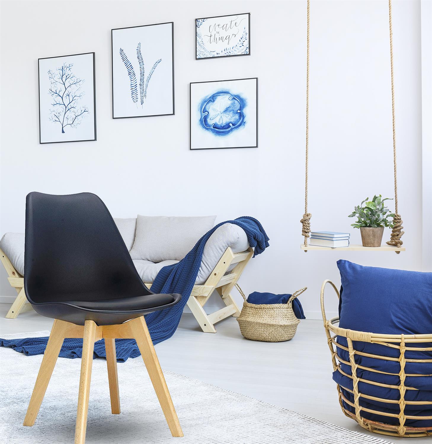 4 MAURY'S SEDIE NORDICA NERA STILE SCANDINAVO GAMBE IN LEGNO CON CUSCINO