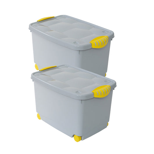 SET 2 BOX CONTENITORE CON COPERCHIO E RUOTE GARAGE 60X40X36 CM GRIGIO