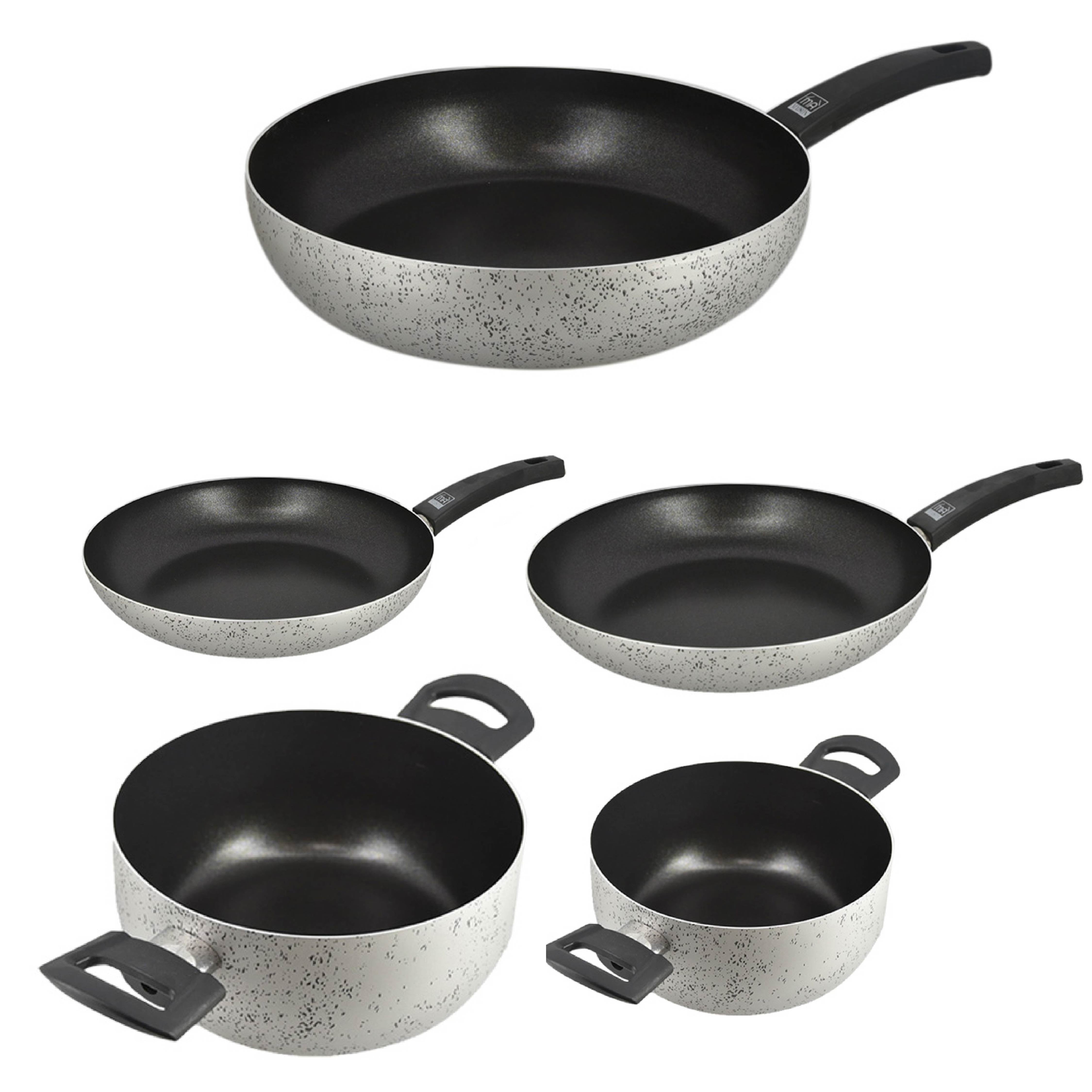 MA MAISON BATTERIA 5 PZ - 2 PADELLE - Ø 18 - Ø 24 CM IN ALLUMINIO + 2 CASSERUOLE Ø 18 - Ø 26 CM IN ALLUMINIO + 1 PADELLA ALTA Ø 30 CM