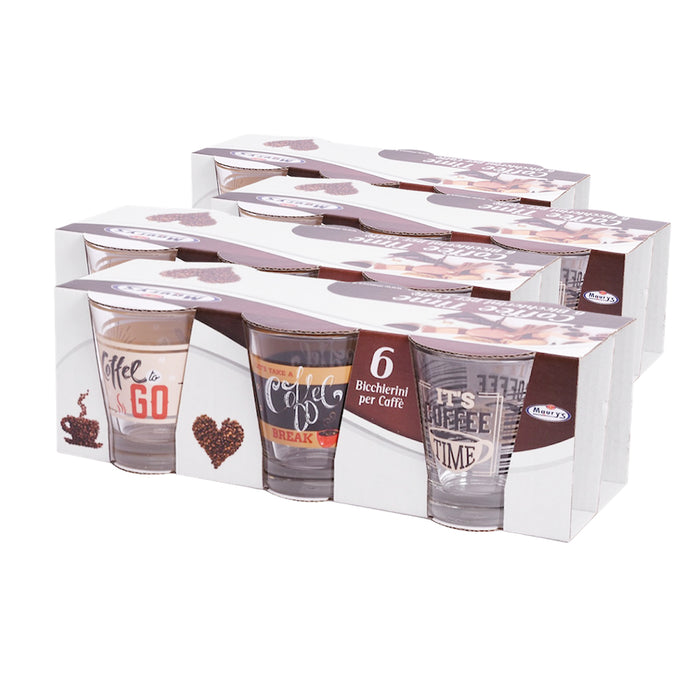 MAURY'S COFFEE TIME 12 BICCHIERI IN VETRO DA CAFFÈ CON DISEGNO ASSORTITO