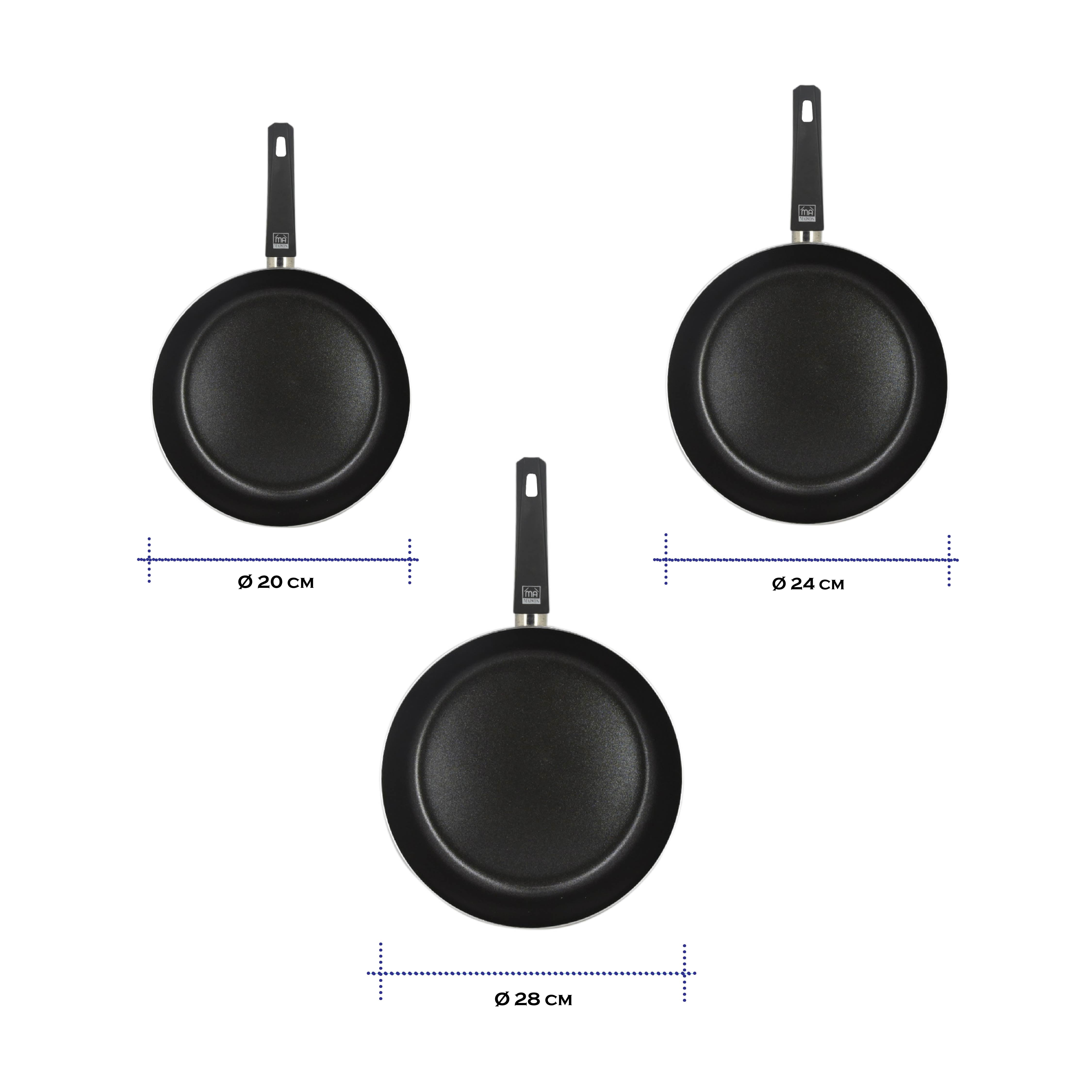 MA MAISON TRIS PADELLE LINEA ALESSIA 20 Ø - 24 Ø - 28 Ø CM SPESSORE 2.20 MM ANTIADERENTE E ANTIGRAFFIO IN ALLUMINIO