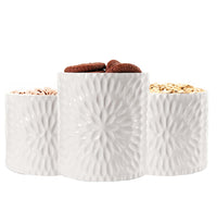 TRIS DI BISCOTTIERE IN CERAMICA CON TAPPO IN LEGNO 2 DA 10X12.5 CM E UNA 13X16 CM BIANCHE