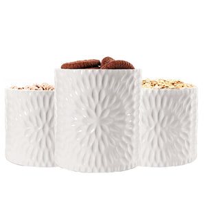 TRIS DI BISCOTTIERE IN CERAMICA CON TAPPO IN LEGNO 2 DA 10X12.5 CM E UNA 13X16 CM BIANCHE