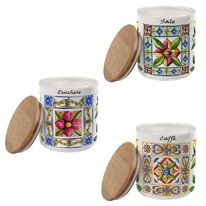 MAURY'S TERRA E SOLE TRIS BARATTOLI SALE,ZUCCHERO E CAFFÈ IN CERAMICA 10 X 12 CM