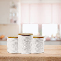 TRIS DI BISCOTTIERE IN CERAMICA CON TAPPO IN LEGNO 2 DA 10X12.5 CM E UNA 13X16 CM BIANCHE